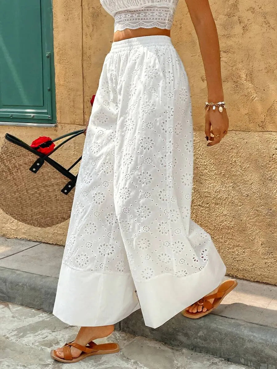 Pantalón Palazzo Bordado Calado de Algodón