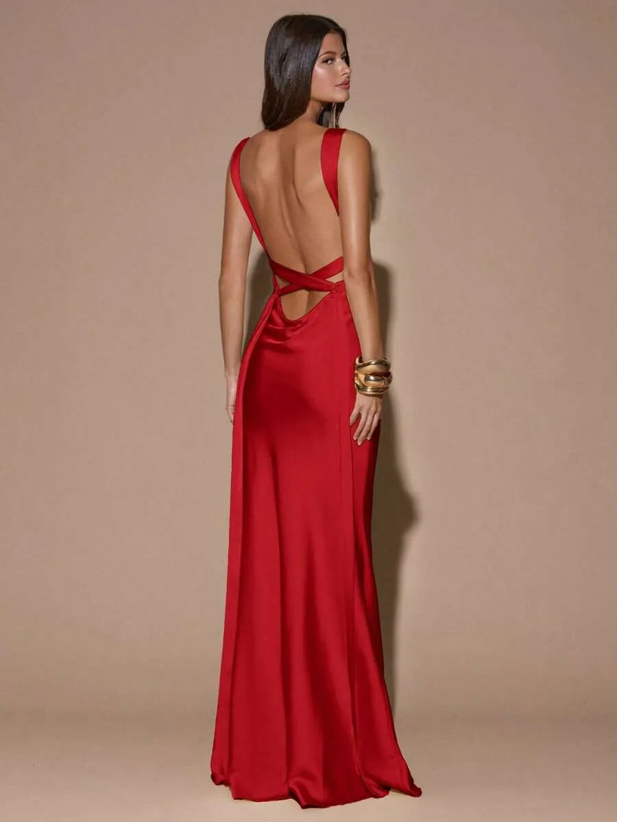 Vestido Maxi Satinado Espalda Abierta Cruzada
