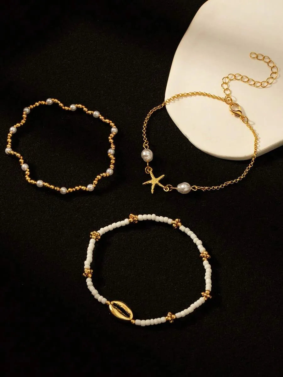 Tobillera MARBELLA SET — Pack 3 Tobilleras Perla y Estrella