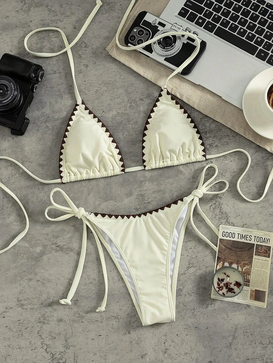 Bikini Triángulo RICKRACK — Amarillo con Ribete Fucsia