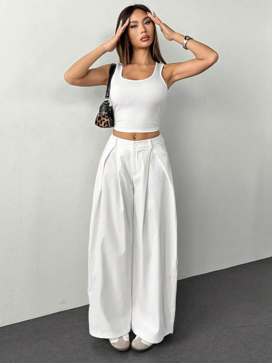Pantalón Palazzo Wide Leg de Tiro Alto con Pliegues