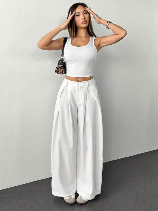 Pantalón Palazzo Wide Leg de Tiro Alto con Pliegues