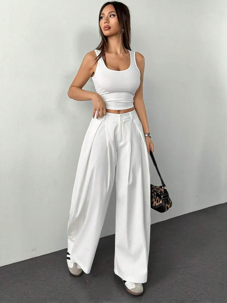 Pantalón Palazzo Wide Leg de Tiro Alto con Pliegues