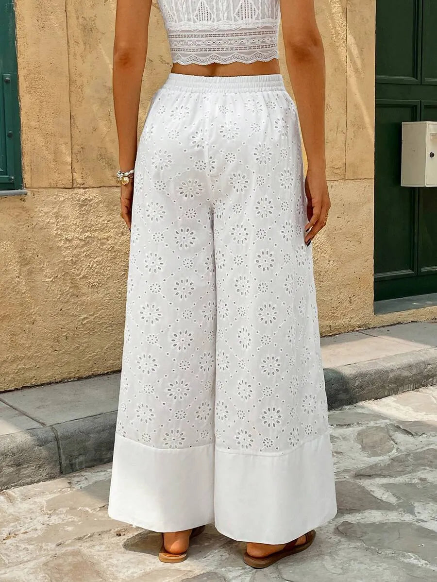 Pantalón Palazzo Bordado Calado de Algodón