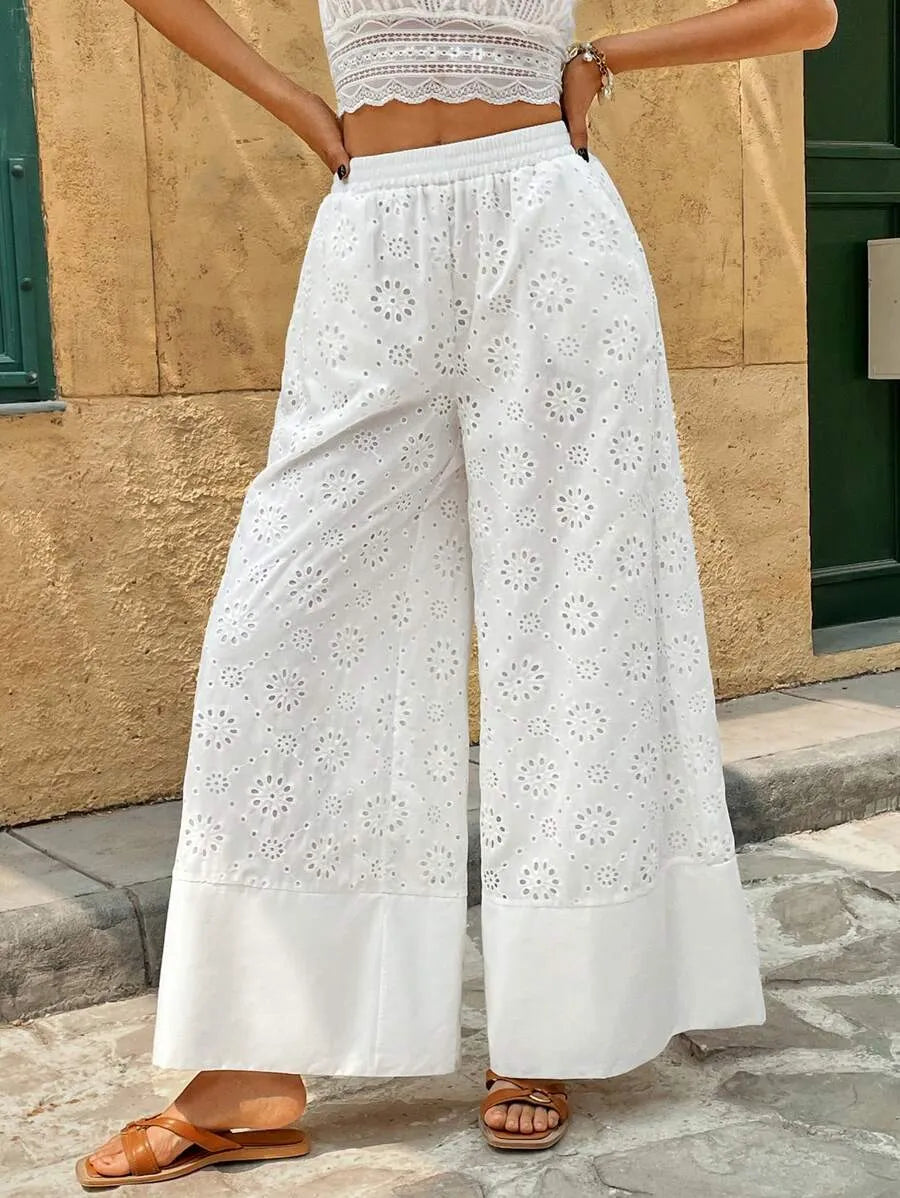 Pantalón Palazzo Bordado Calado de Algodón