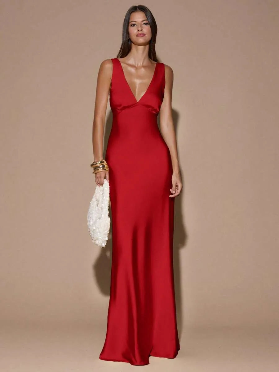 Vestido Maxi Satinado Espalda Abierta Cruzada
