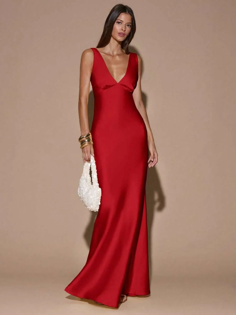 Vestido Maxi Satinado Espalda Abierta Cruzada