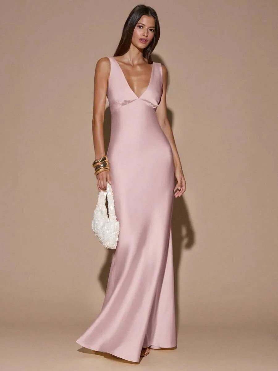 Vestido Maxi Satinado Espalda Abierta Cruzada