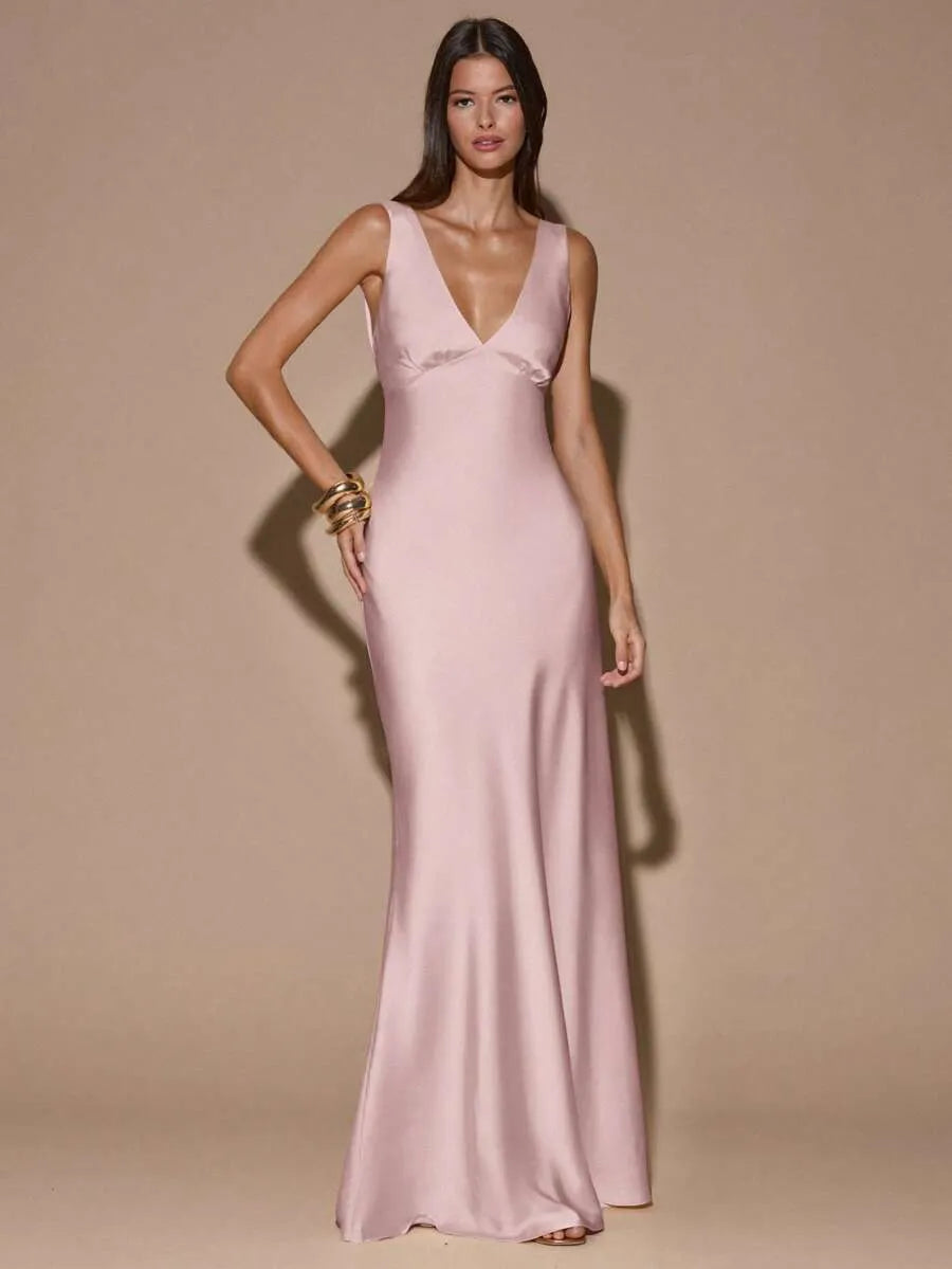 Vestido Maxi Satinado Espalda Abierta Cruzada