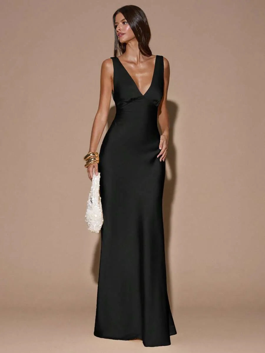 Vestido Maxi Satinado Espalda Abierta Cruzada