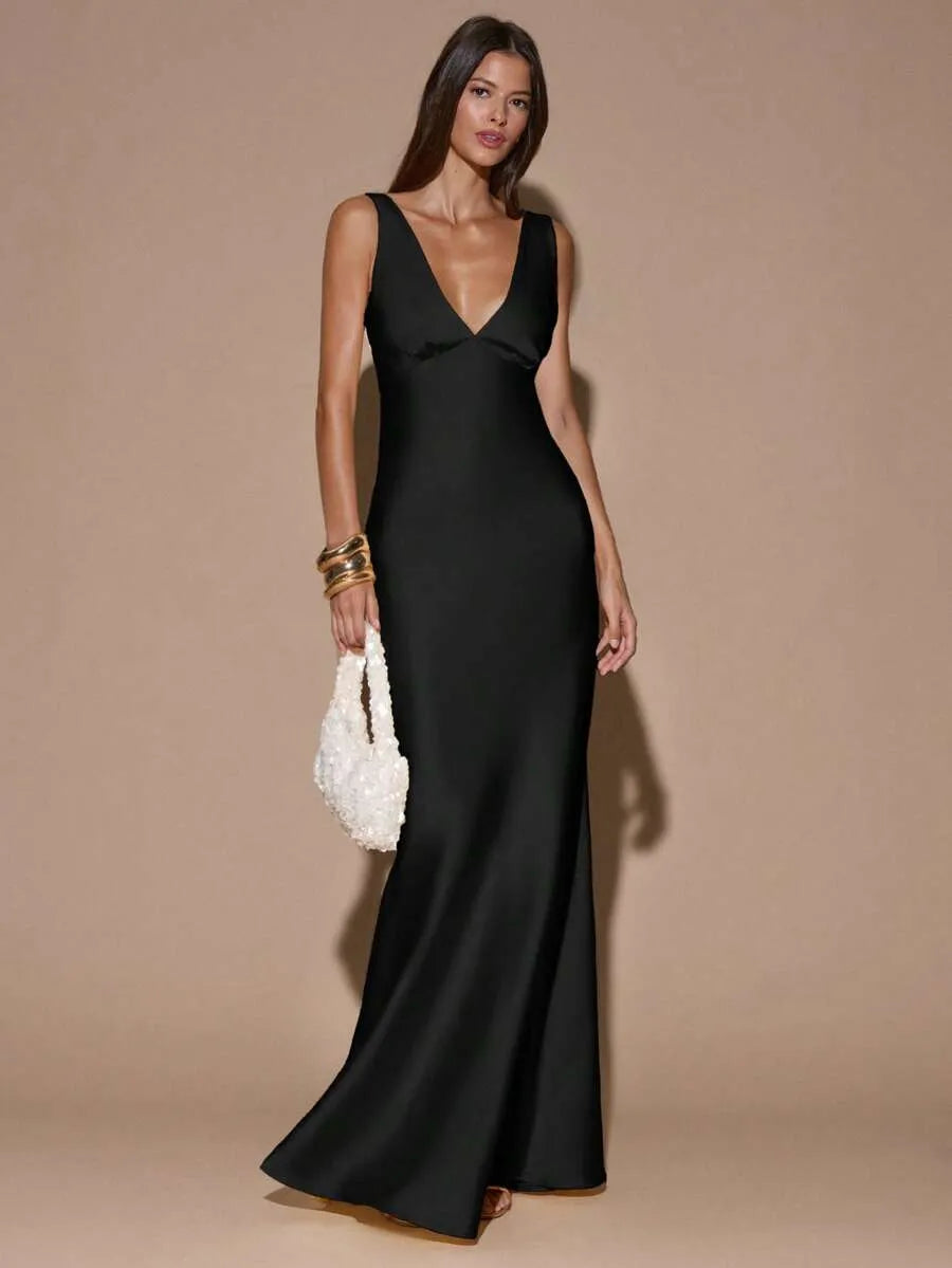 Vestido Maxi Satinado Espalda Abierta Cruzada