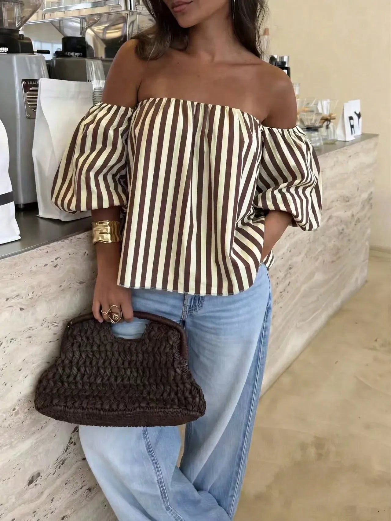 Blusa Bardot STRIPE — Off Shoulder Manga Globo