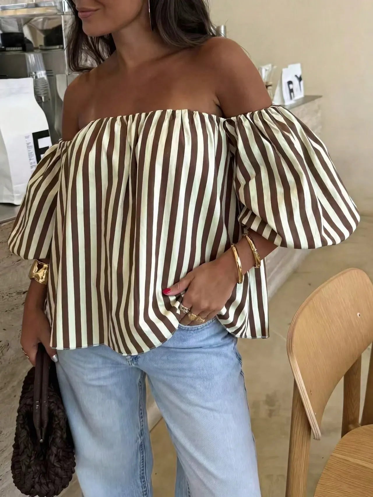 Blusa Bardot STRIPE — Off Shoulder Manga Globo