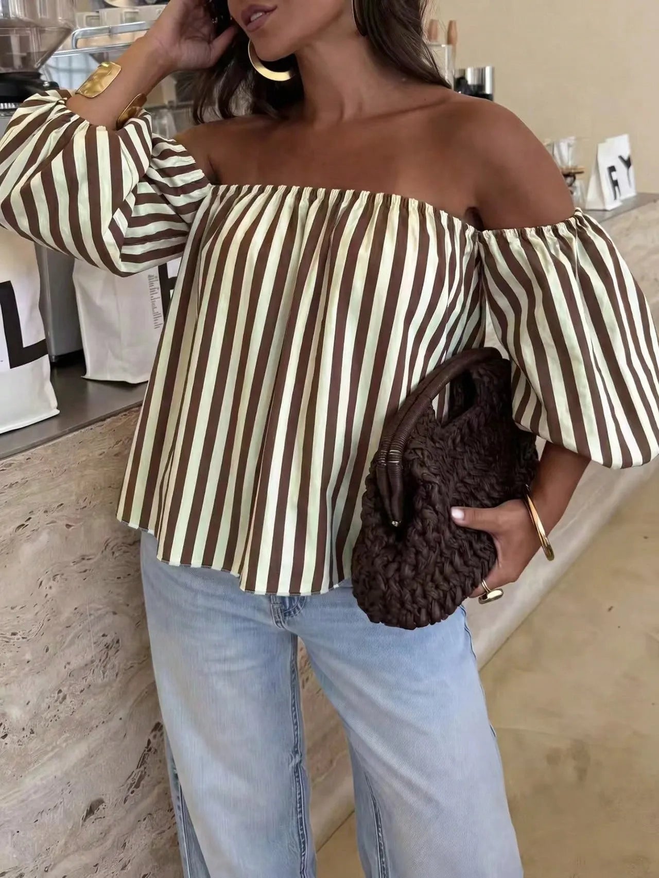 Blusa Bardot STRIPE — Off Shoulder Manga Globo
