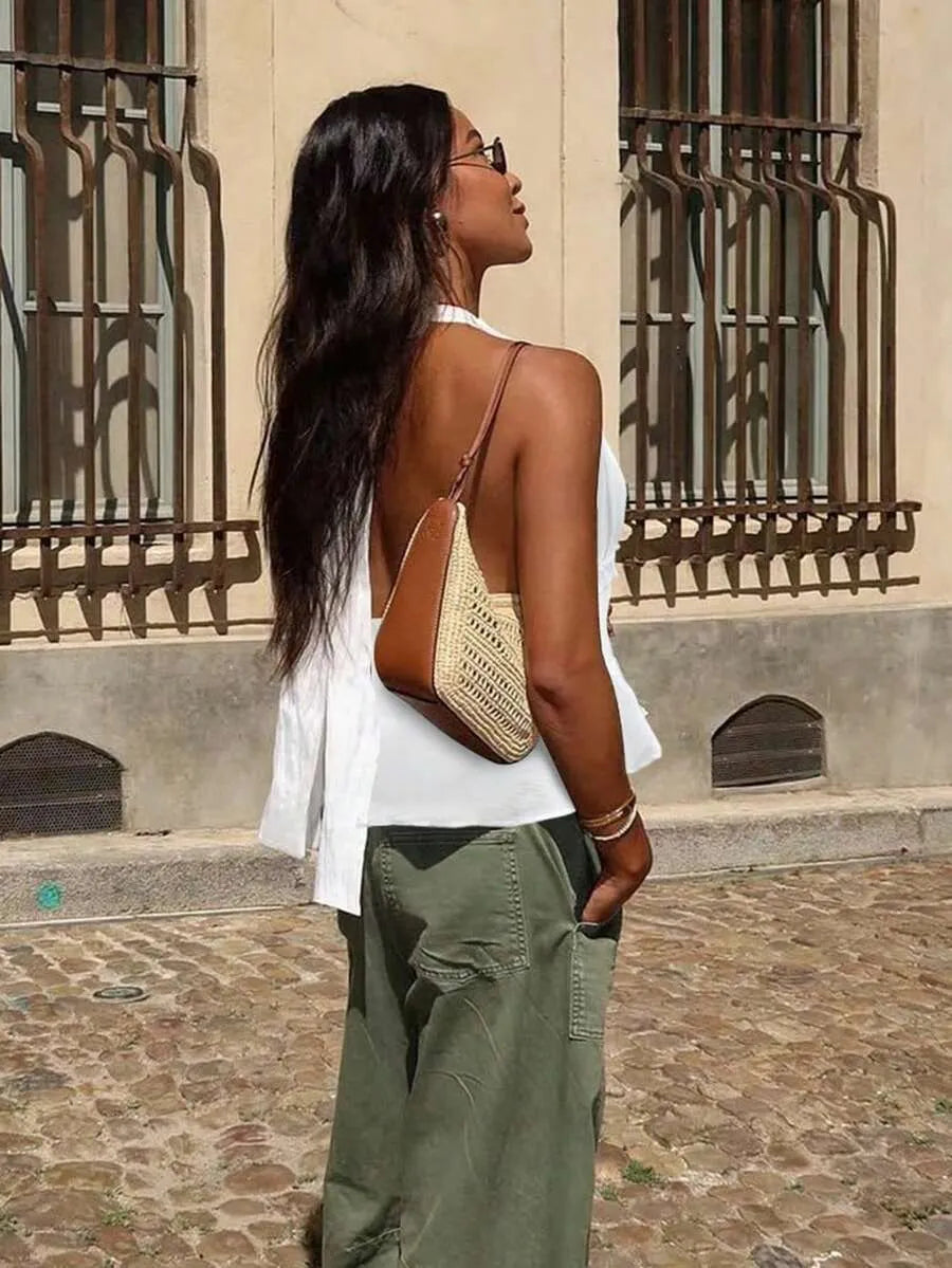 Top Lino HALTER — Escote V Profundo Blanco