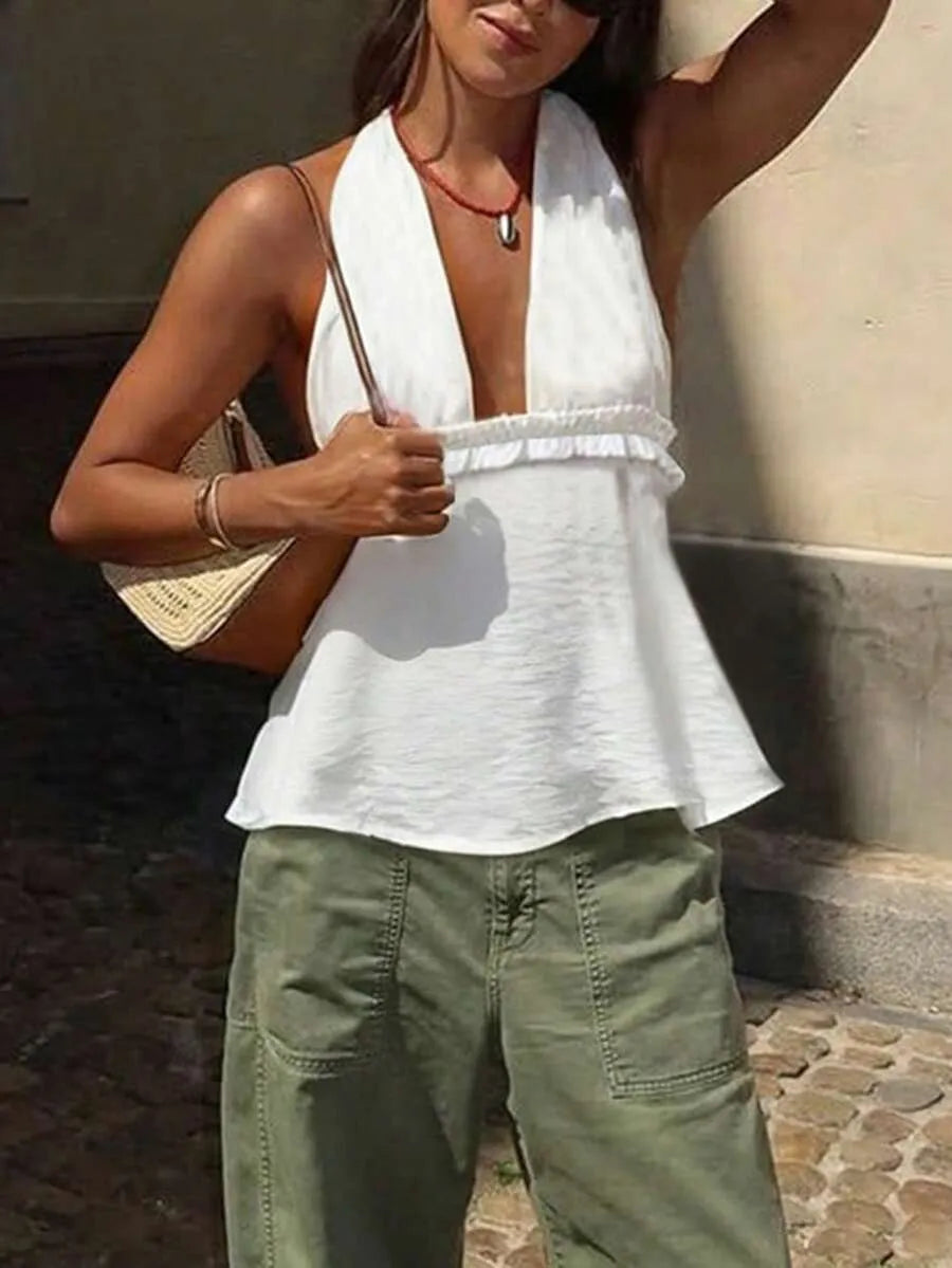 Top Lino HALTER — Escote V Profundo Blanco
