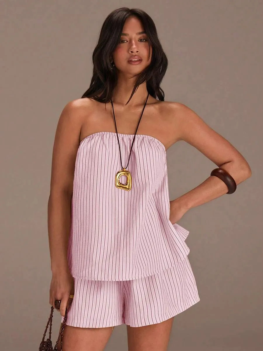 Set Bandeau y Short STRIPE — Rayas Verticales Oliva