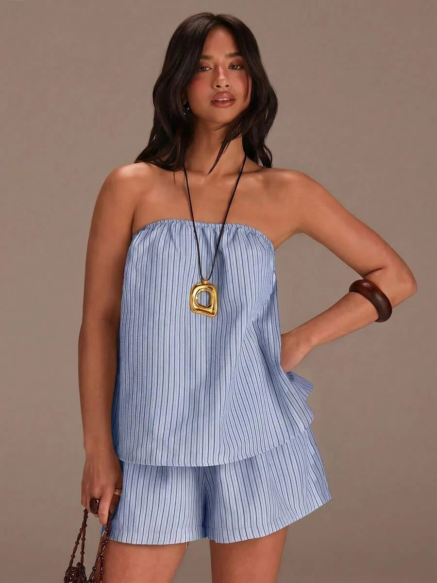 Set Bandeau y Short STRIPE — Rayas Verticales Oliva