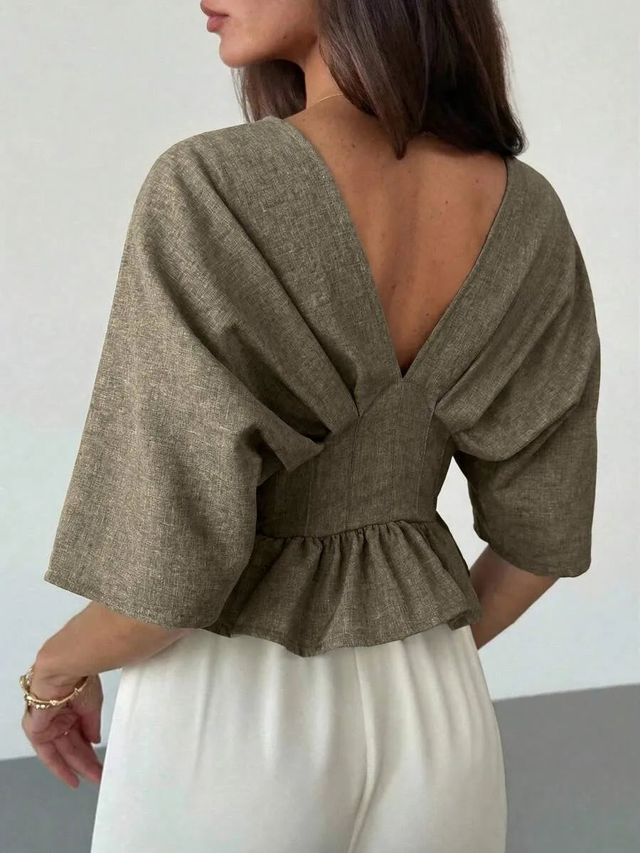 Aloruh Blusa de mujer con mangas tipo murciélago y cintura ceñida