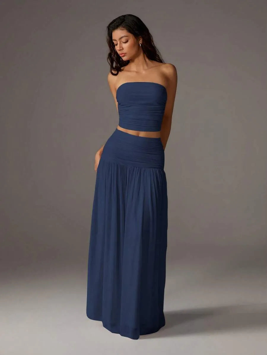 Set Drapeado ECRU — Top Bandeau y Falda Maxi