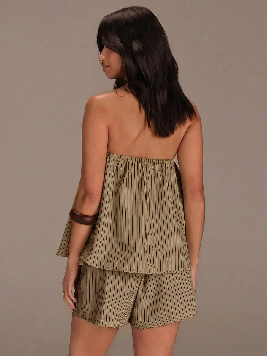 Set Bandeau y Short STRIPE — Rayas Verticales Oliva