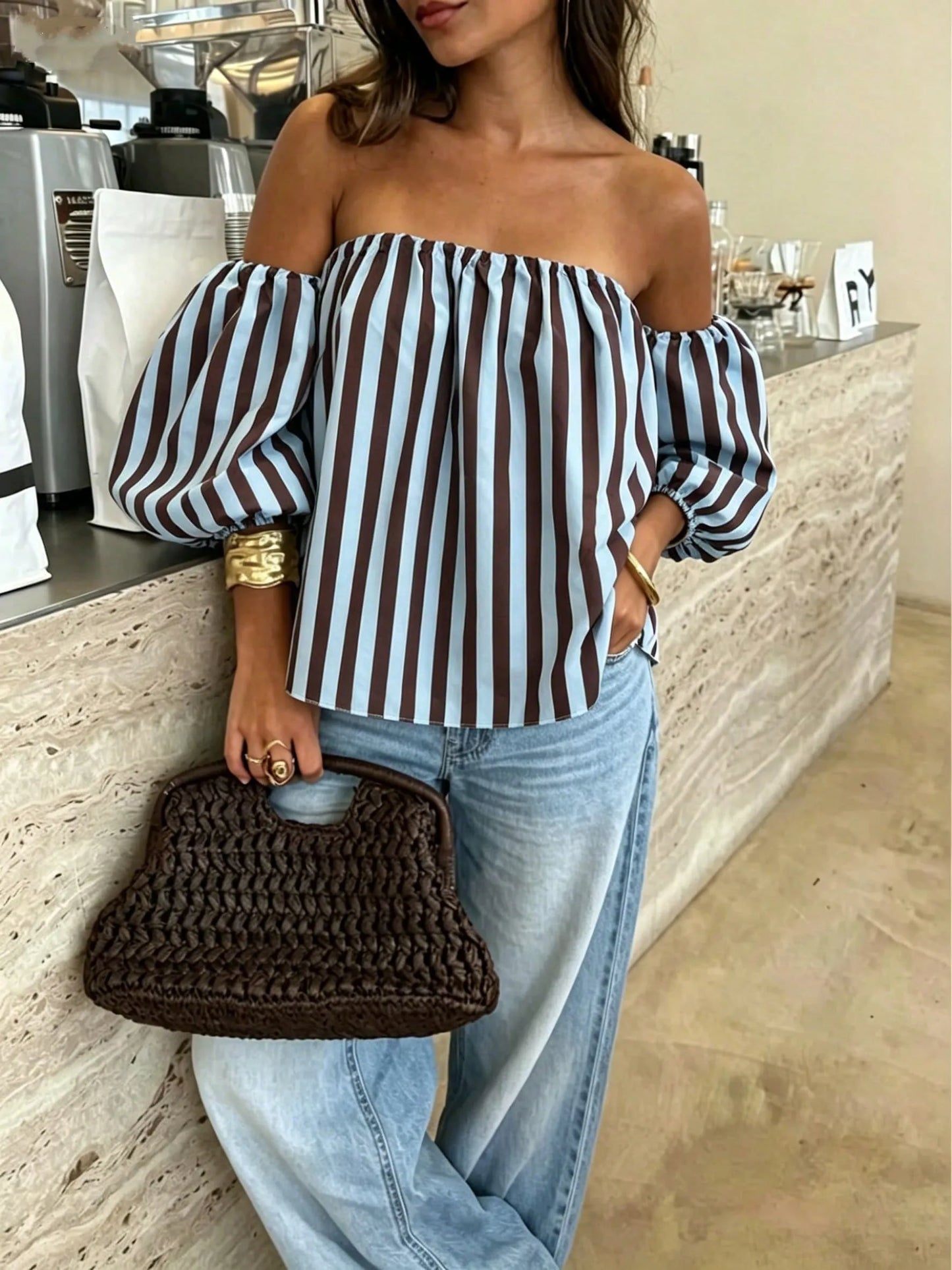 Blusa Bardot STRIPE — Off Shoulder Manga Globo