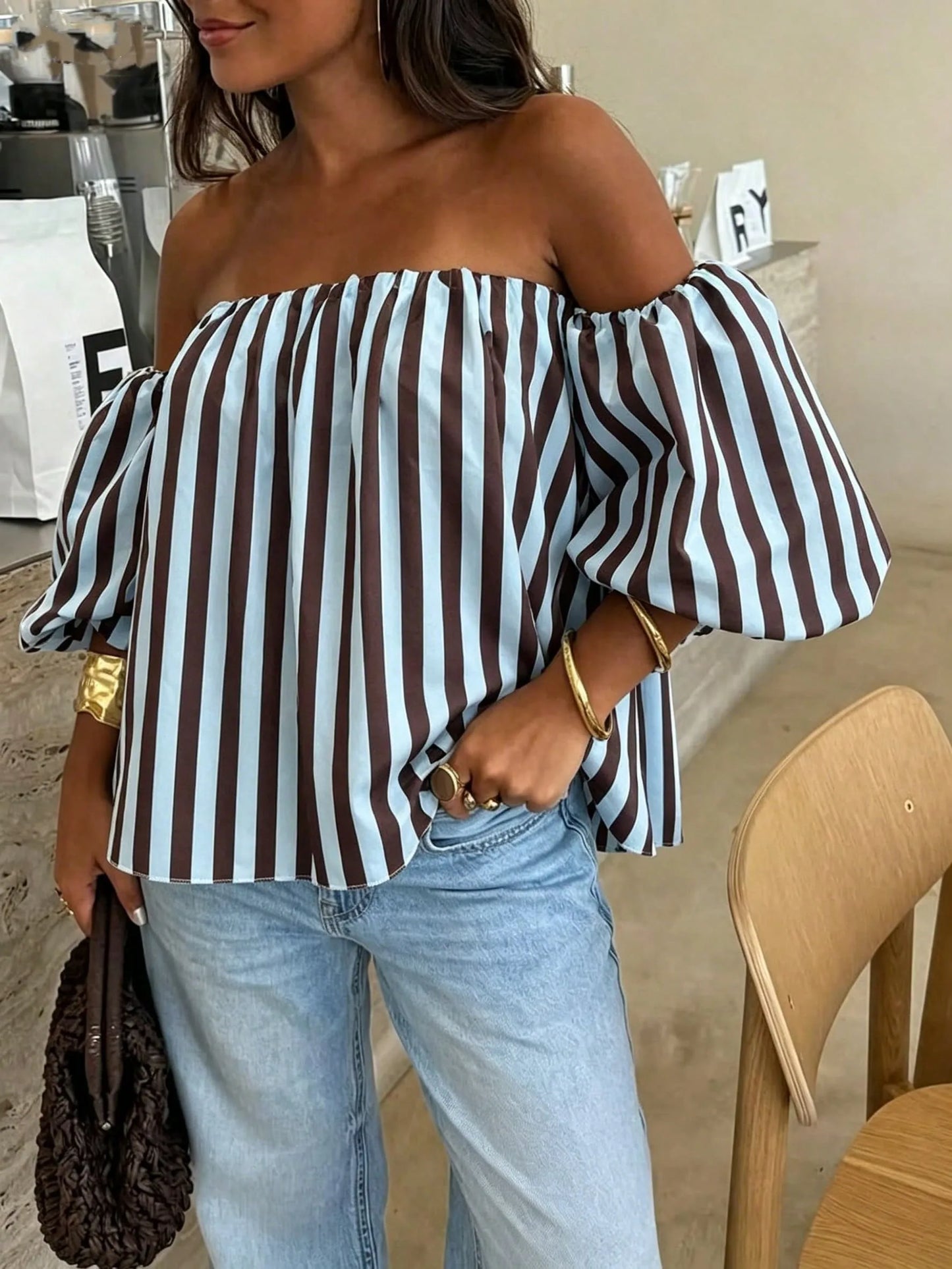 Blusa Bardot STRIPE — Off Shoulder Manga Globo