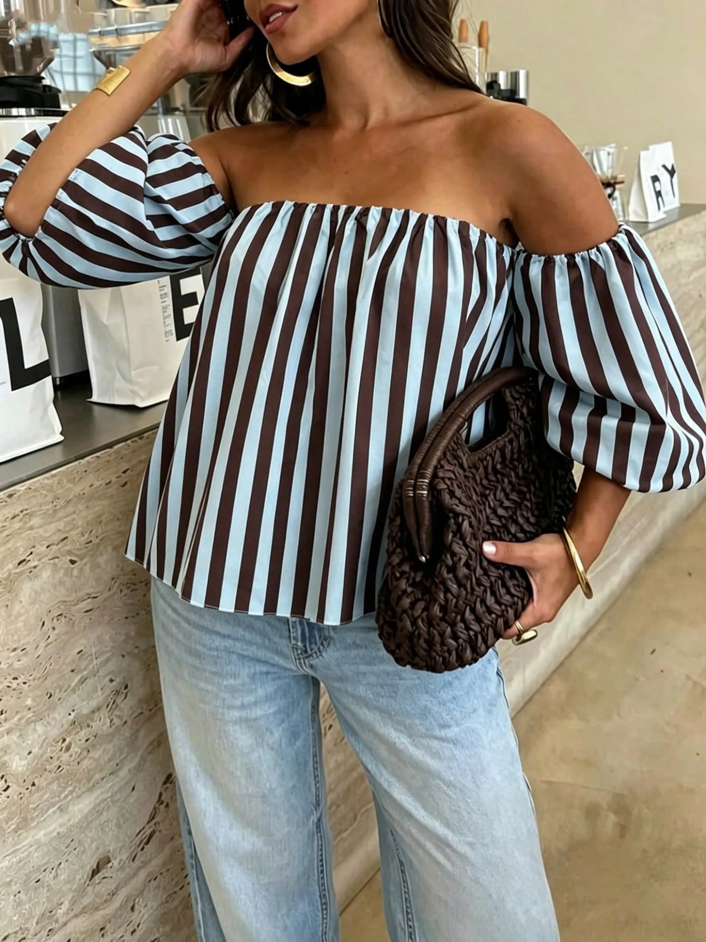 Blusa Bardot STRIPE — Off Shoulder Manga Globo