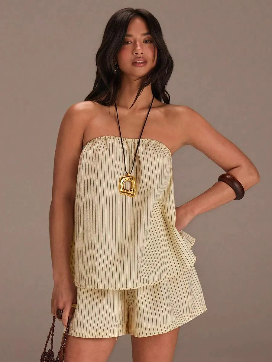 Set Bandeau y Short STRIPE — Rayas Verticales Oliva