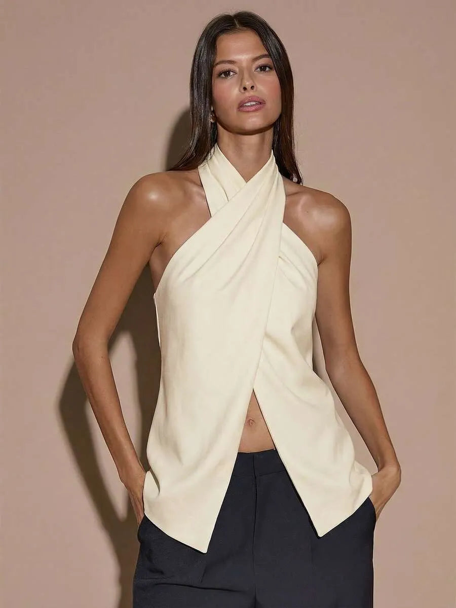 Blusa elegante de color café sólido con cuello halter sin espalda para mujer