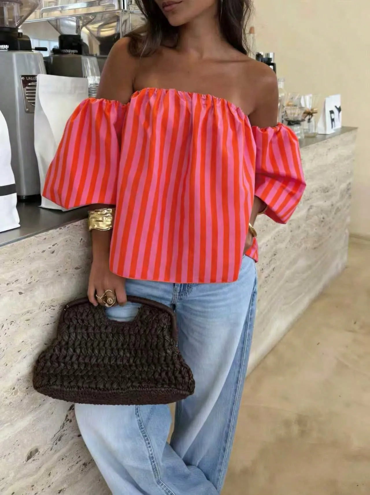 Blusa Bardot STRIPE — Off Shoulder Manga Globo