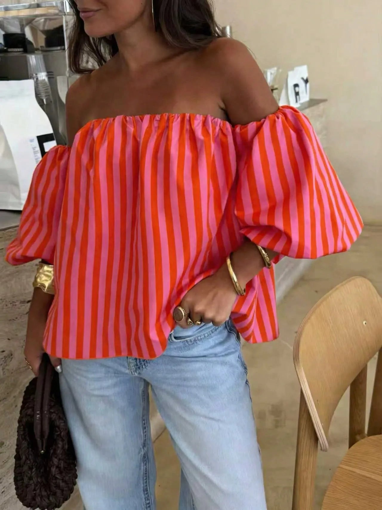 Blusa Bardot STRIPE — Off Shoulder Manga Globo