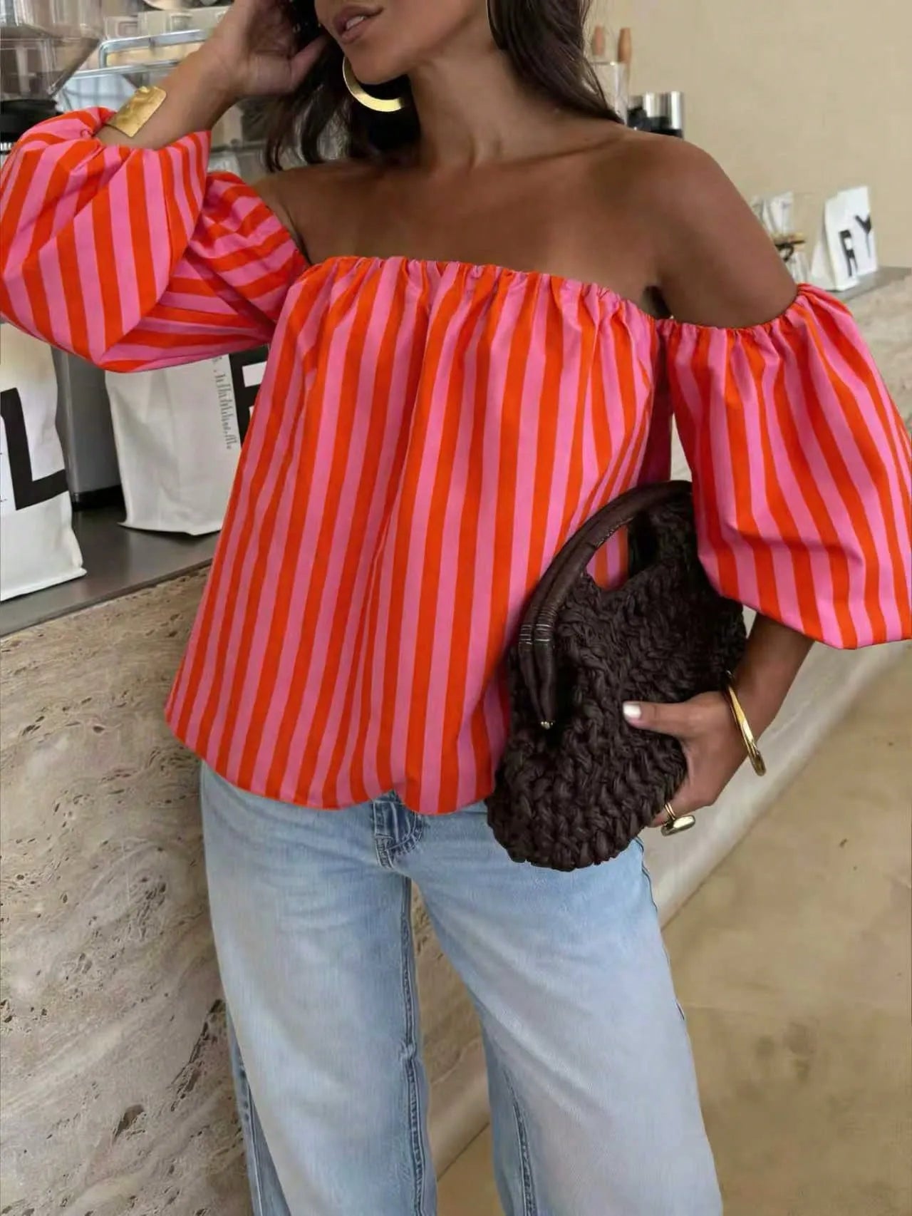 Blusa Bardot STRIPE — Off Shoulder Manga Globo