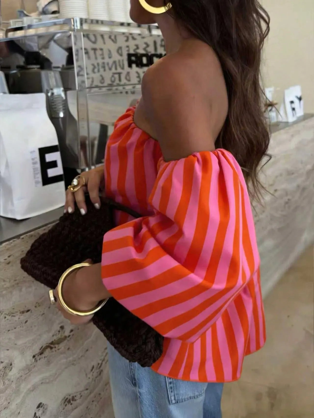 Blusa Bardot STRIPE — Off Shoulder Manga Globo