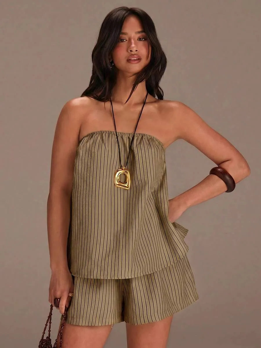 Set Bandeau y Short STRIPE — Rayas Verticales Oliva
