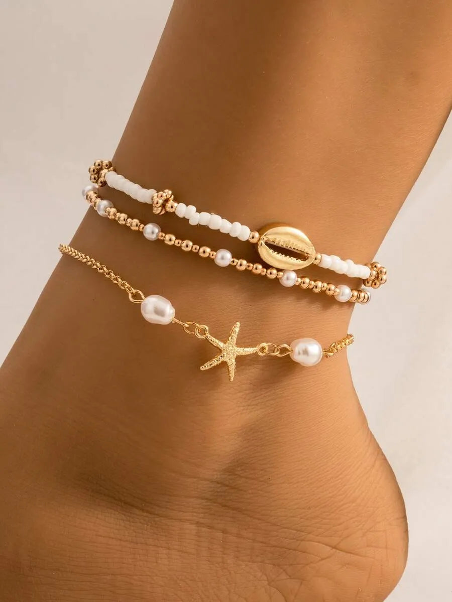 Tobillera MARBELLA SET — Pack 3 Tobilleras Perla y Estrella