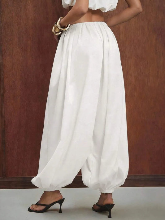 Pantalón Palazzo Bombacho de Lino con Cintura Elástica