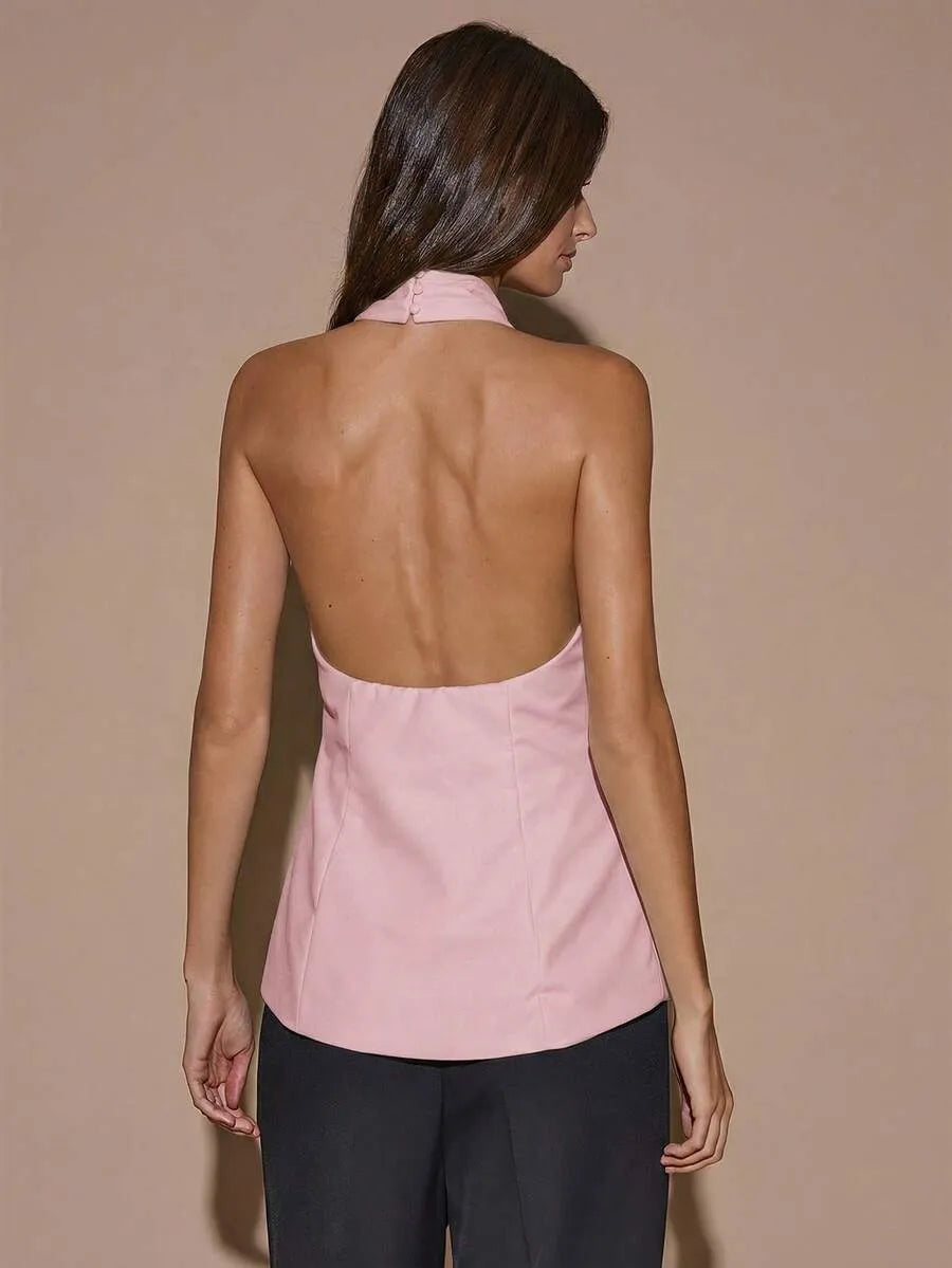 Blusa elegante de color café sólido con cuello halter sin espalda para mujer