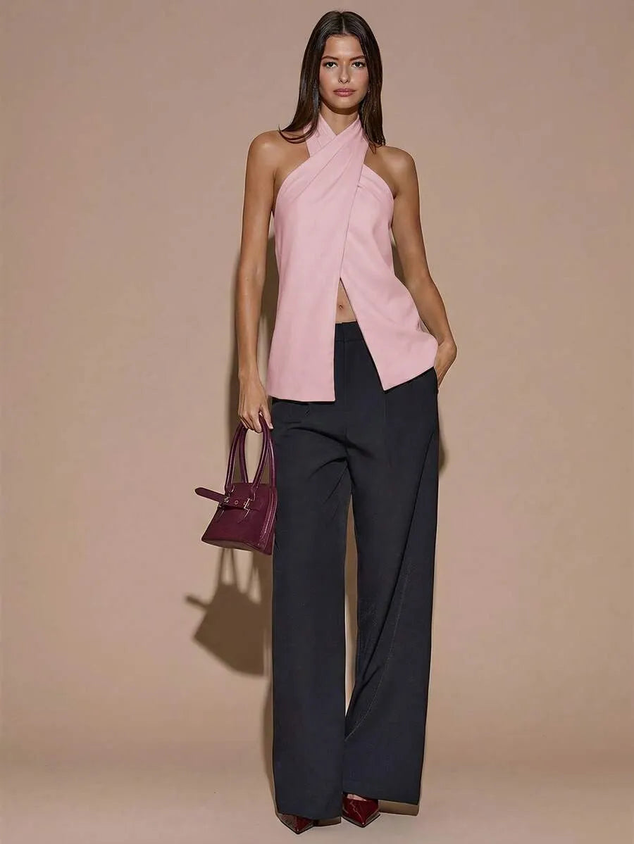 Blusa elegante de color café sólido con cuello halter sin espalda para mujer
