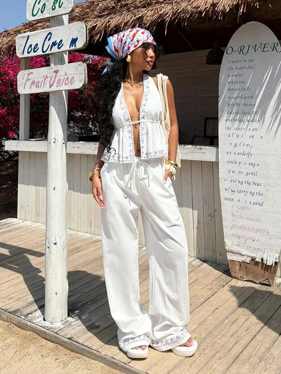 Set Crop Top y Pantalón Ancho — Lino Blanco