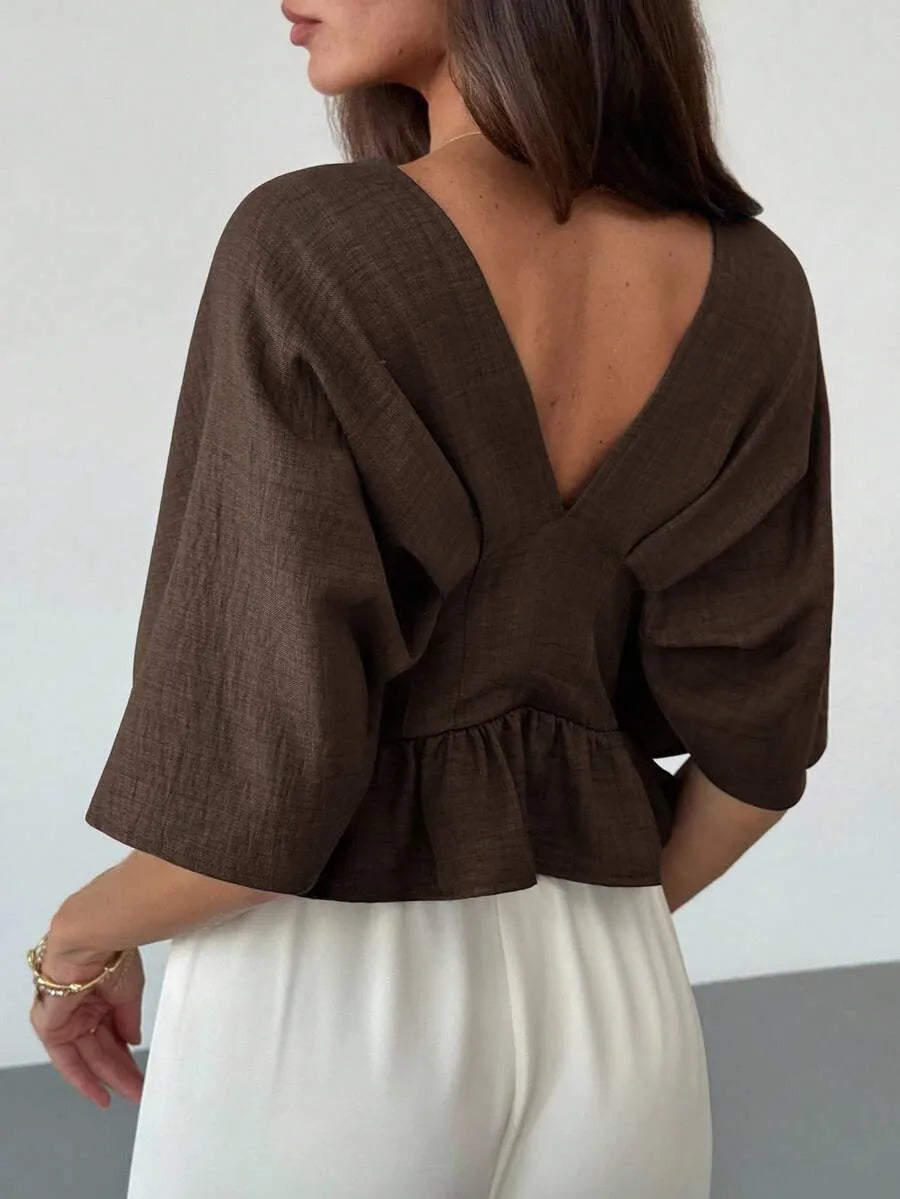 Aloruh Blusa de mujer con mangas tipo murciélago y cintura ceñida