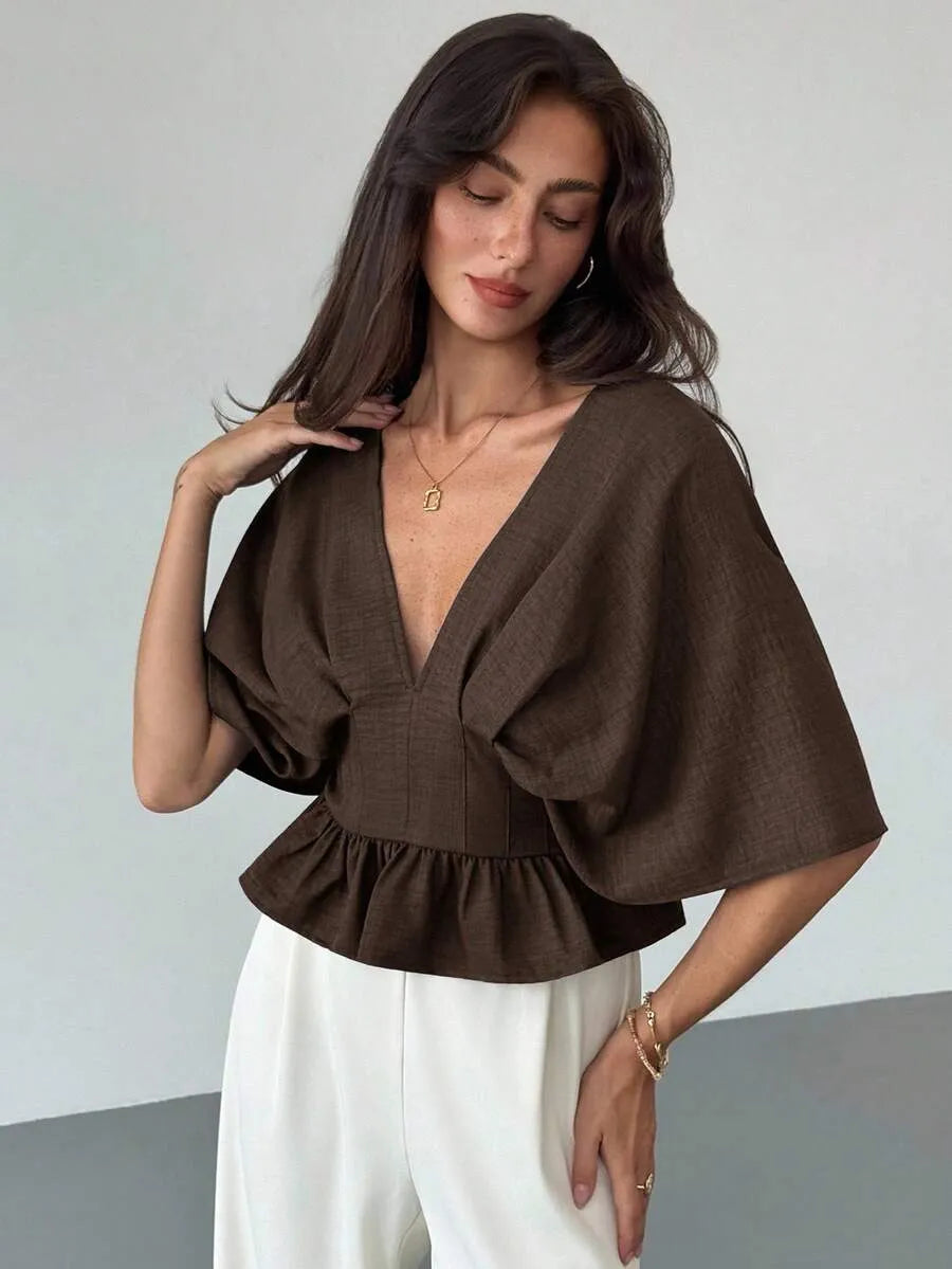 Aloruh Blusa de mujer con mangas tipo murciélago y cintura ceñida