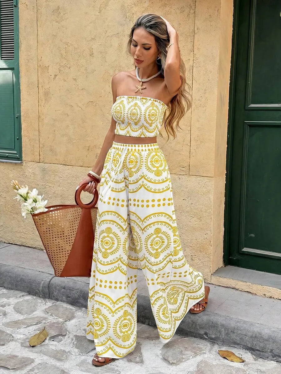 Look Boho Mediterránea — Blusa Floral + Palazzo + Cuña