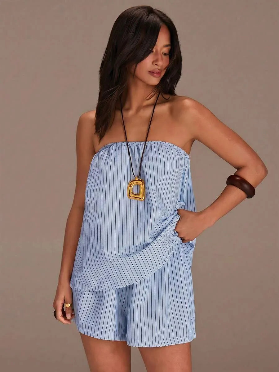 Set Bandeau y Short STRIPE — Rayas Verticales Oliva