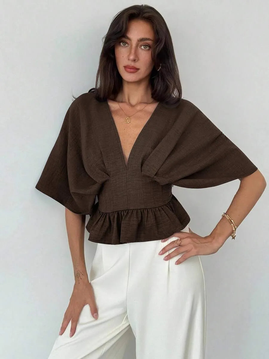 Aloruh Blusa de mujer con mangas tipo murciélago y cintura ceñida