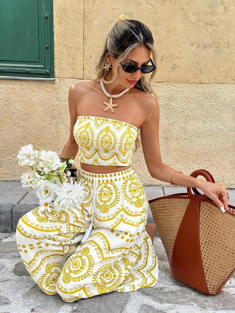 Look Boho Mediterránea — Blusa Floral + Palazzo + Cuña