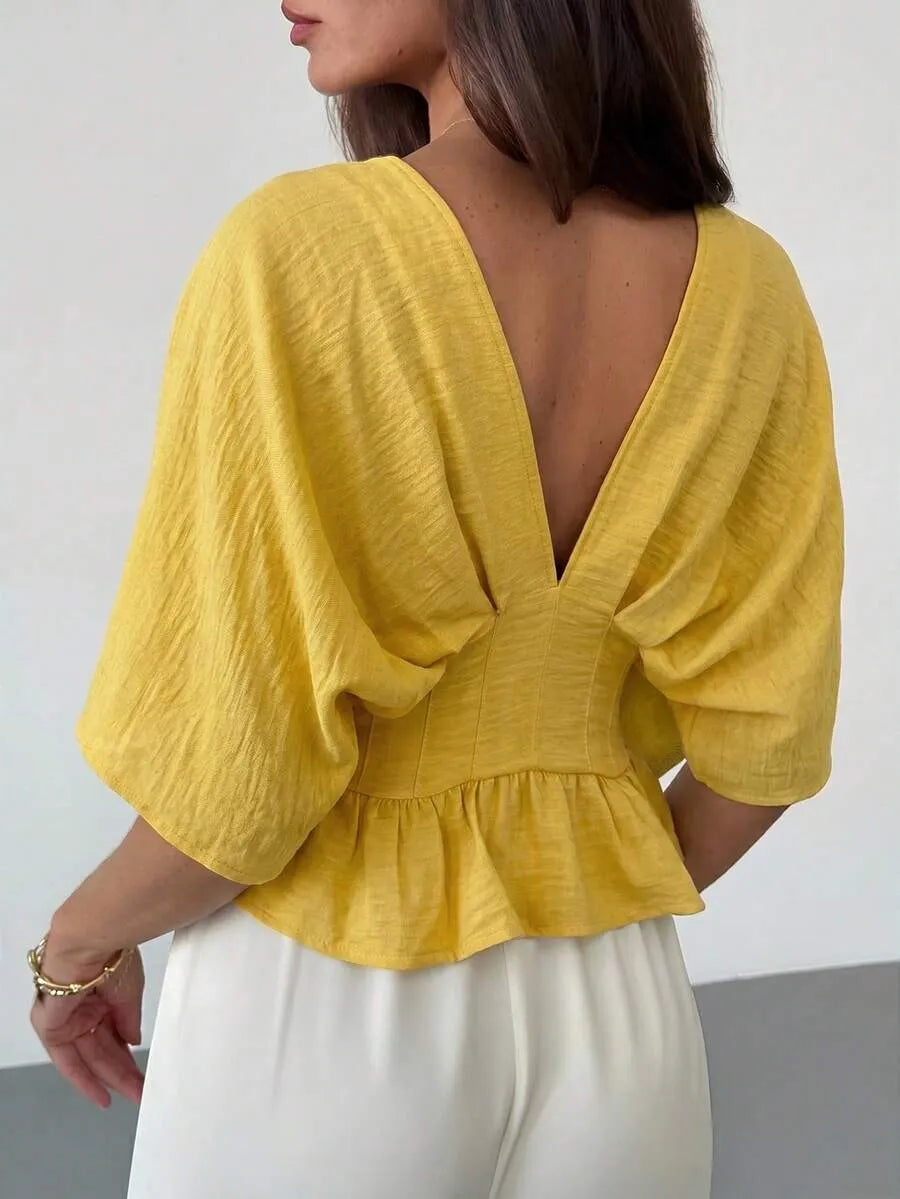Aloruh Blusa de mujer con mangas tipo murciélago y cintura ceñida