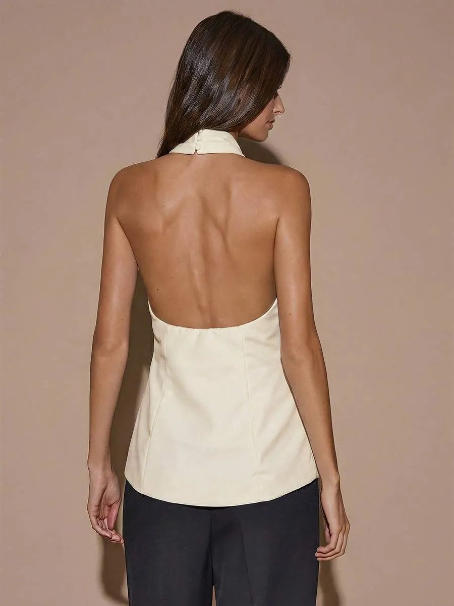 Blusa elegante de color café sólido con cuello halter sin espalda para mujer