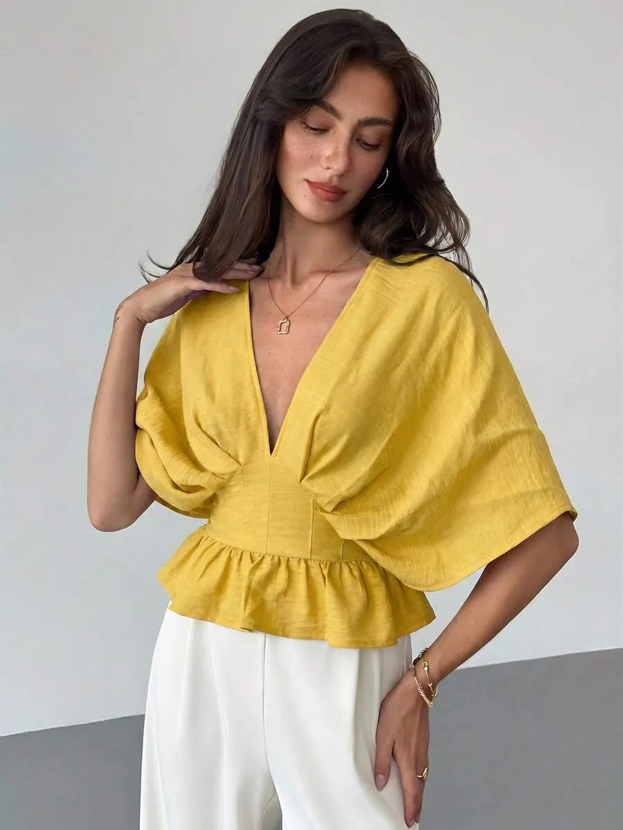 Aloruh Blusa de mujer con mangas tipo murciélago y cintura ceñida