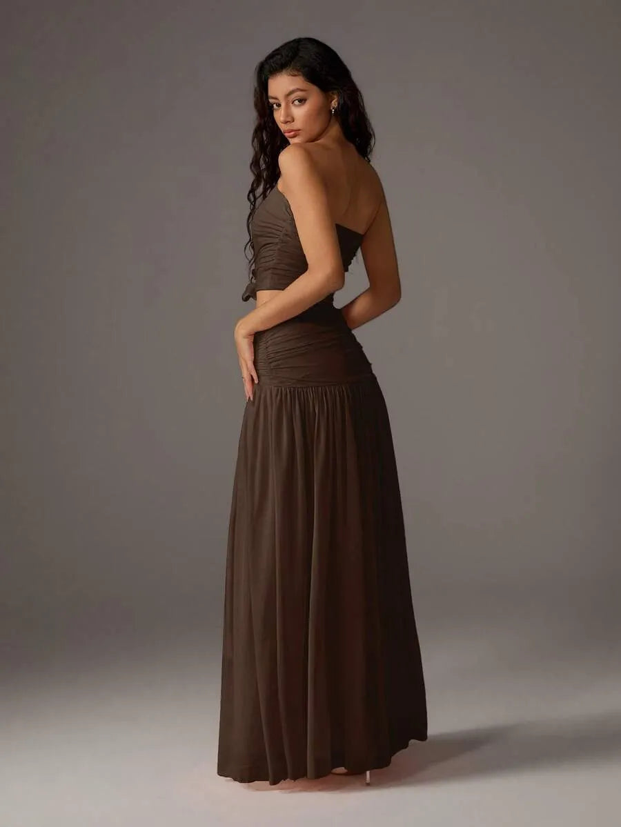 Set Drapeado ECRU — Top Bandeau y Falda Maxi